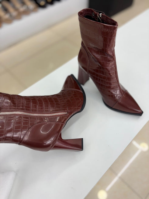 PU Croc Leather Ankle Block Heels Boots